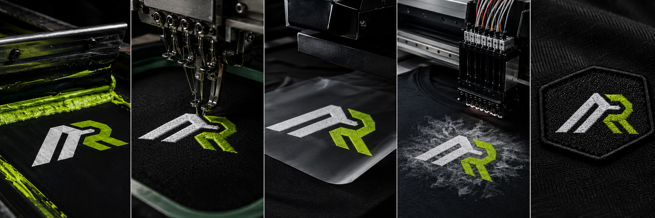 Screen printing, embroidery, DTF, DTG and woven patch processes